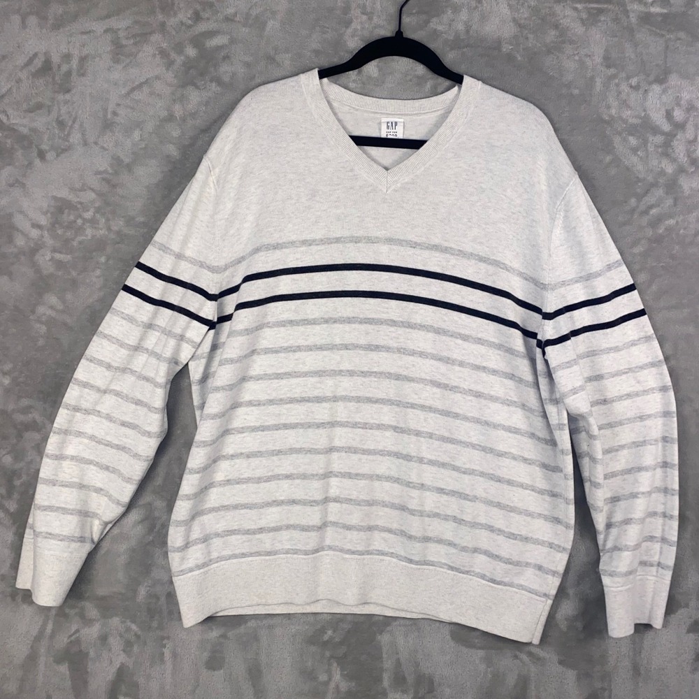 GAP Men's‎ XXL Grey Striped V Neck Sweater Long Sleeve Cotton Blend